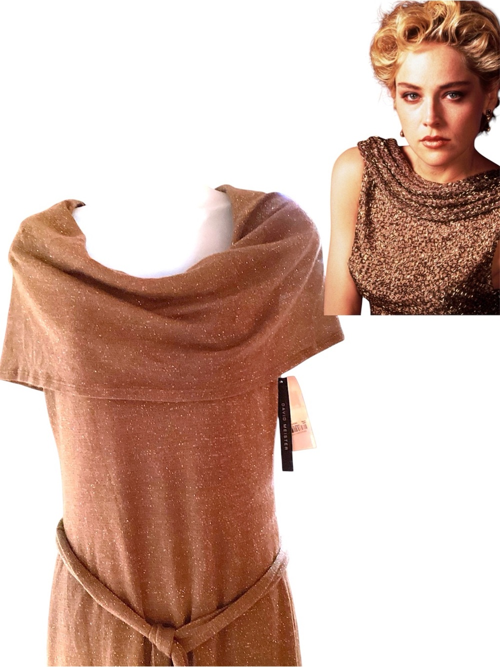 NWT DAVID MEISTER Gold Shimmer Sweater Dress, stretch satin lined, Size Medium - Picture 1 of 4